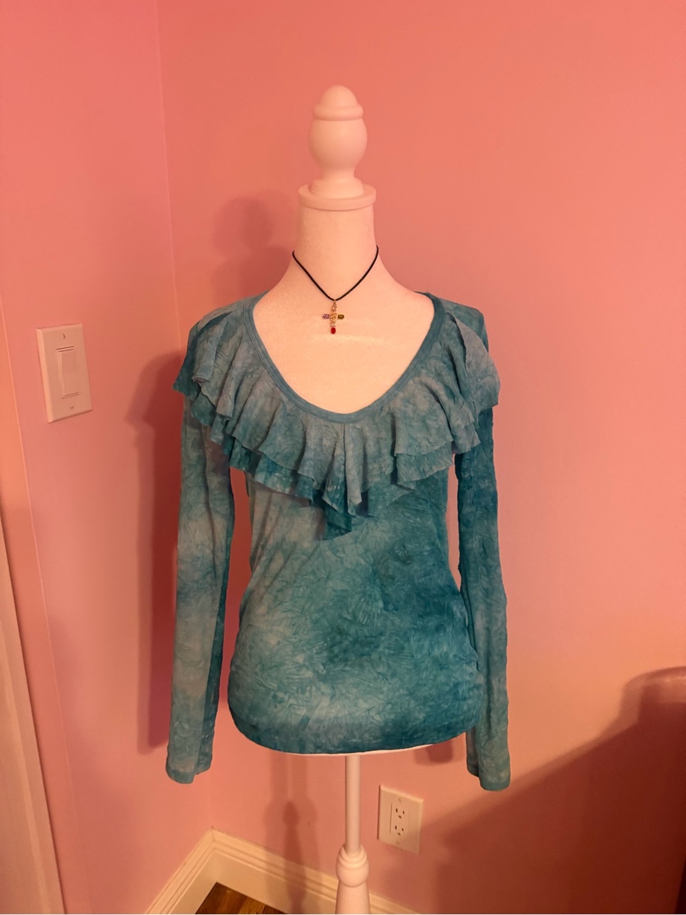 Karen Kane Teal Ruffle-Trim Long Sleeve Top